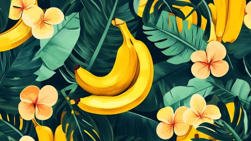 Vibrant digital bananas intertwine with tropical foliage forms