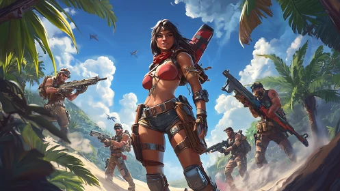 Armed female squad leader dominates tropical beach battlefield