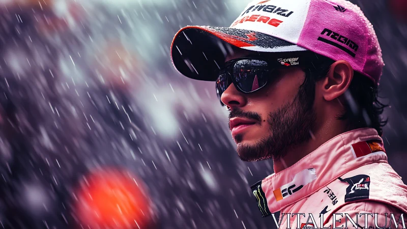 Rain-soaked racing driver stands focused in vibrant pink gear