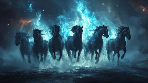 Mythic war horses charge through ethereal blue nebula light.