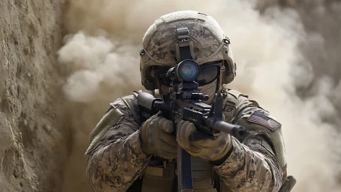 Modern soldier advancing through dust with rifle raised.