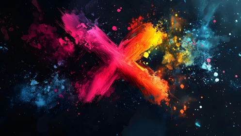 Vibrant Abstract X in Colorful Paint Splatter on Dark Background.