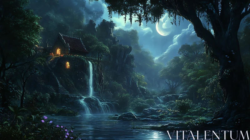 Moonlit forest cottage overlooks cascading waterfall at night