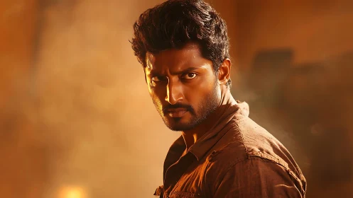 Brooding man in warm cinematic portrait lighting setup.