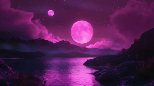 Twin neon moons over magenta dreamwater horizon glow.