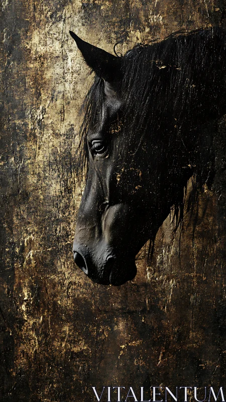 Black horse profile against distressed golden textured wall.