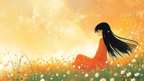 Solitary girl in orange dress amid sunlit wildflower field.