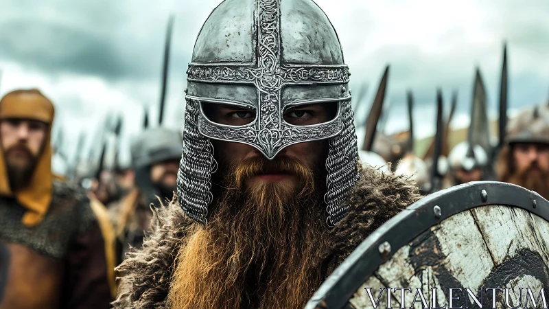 Armored Viking warrior in ornate nasal helmet leads shield wall