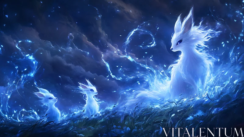 Starlit fox spirits weaving blue winds over moonlit grass.