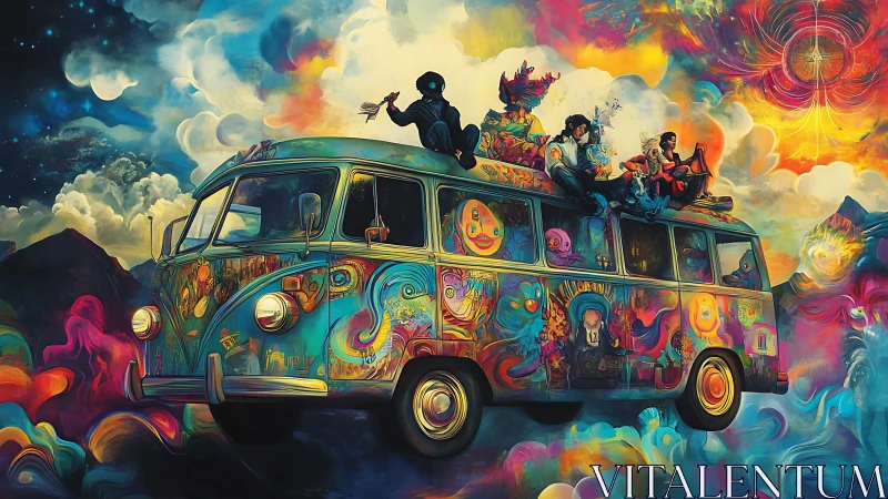 Colorful retro van in surreal landscape with passengers.