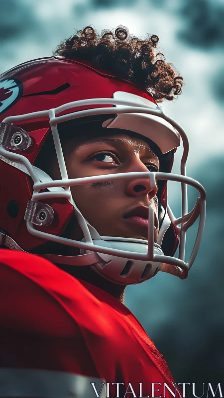 Portrait of football quarterback in red helmet under dramatic sky