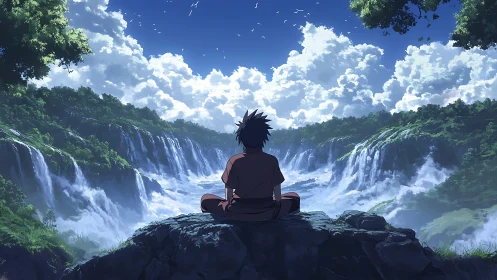 Solitary anime wanderer greeting a kingdom of cascading skies.