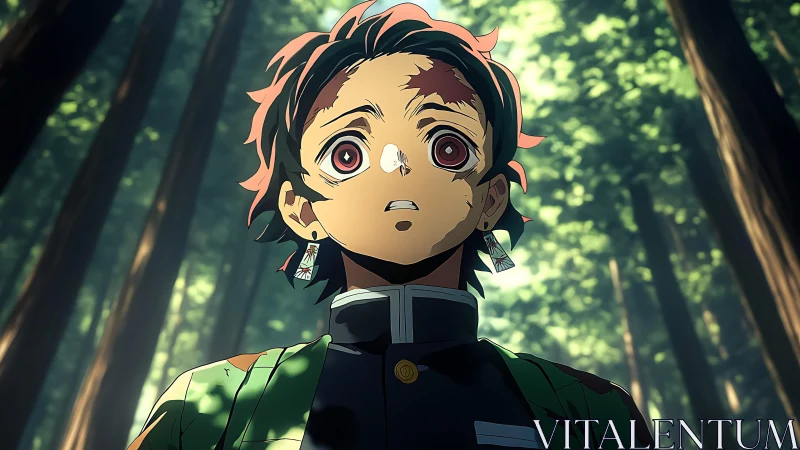 Anime swordsman gazes upward in sunlit forest scene.