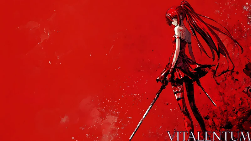 Scarlet sword dancer poised in a sea of crimson resolve.