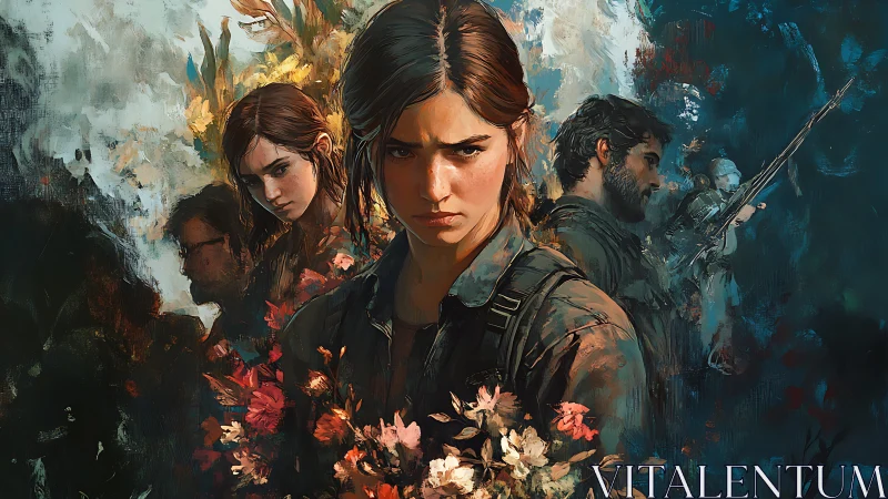 Layered character portrait uses painterly depth, color blocking, and florals