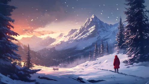 Solitary red figure surveying stratified alpine dusk panorama.