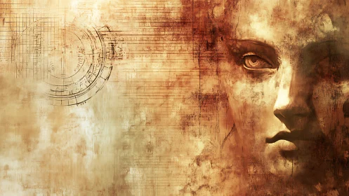 Fragmented female face merges with geometric circuit textures