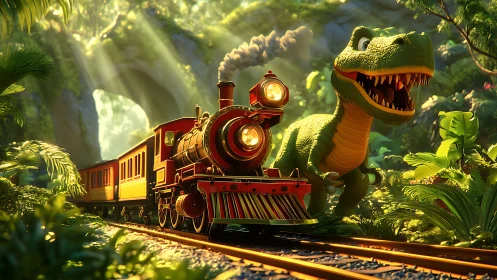 Cartoon steam train outruns playful T. rex in lush jungle