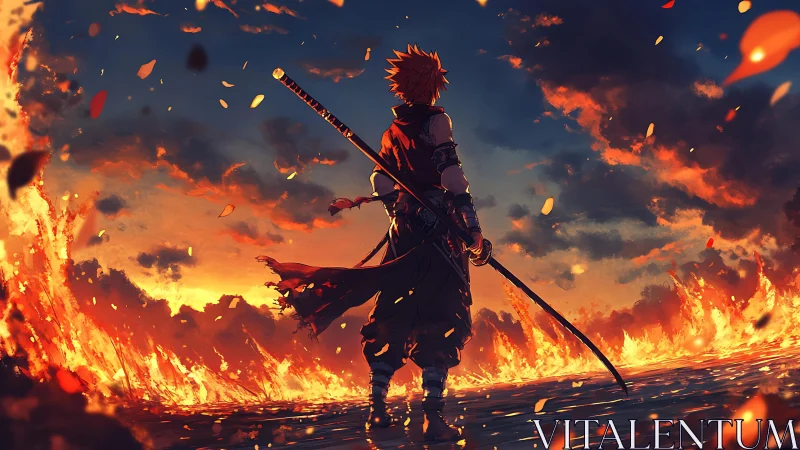 Backlit swordsman studies wildfire horizon under saturated sky