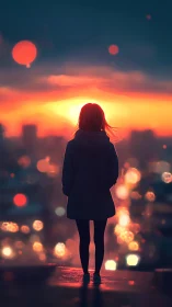 Solitary figure watching a neon sunset above the cityscape.