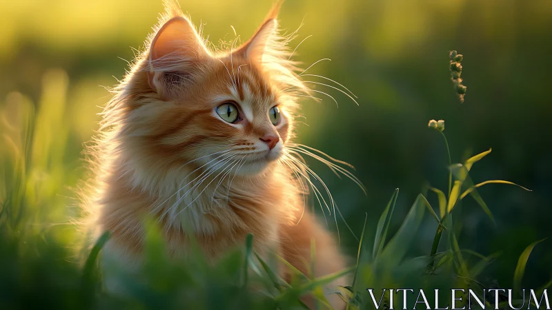 Orange Tabby Cat in Sunlit Grass Field.