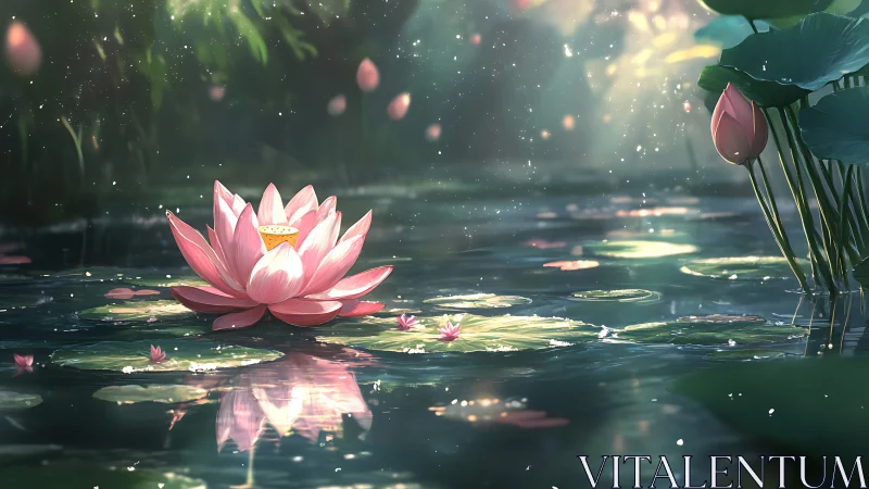 Pink lotus drifts on luminous pond under soft morning light.