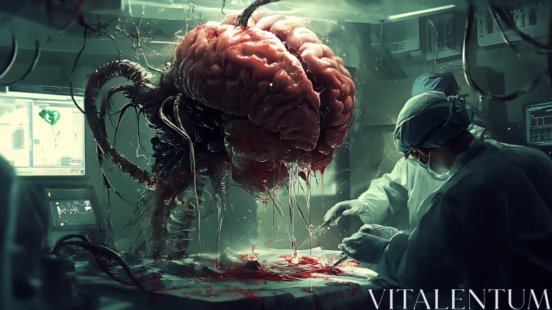 Colossal biomechanical brain looms over surgeons in grim lab