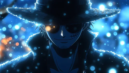 Silhouetted anime figure in hat amid blue bokeh lights.