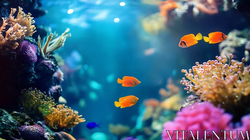 Glowing orange reef fish wander through a dreamy coral garden