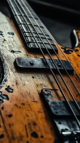 Close-up view shows worn electric bass guitar body surface