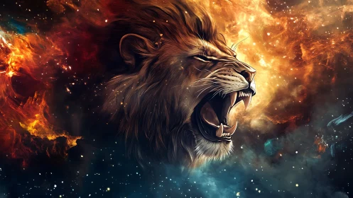 Lion head roars amid nebula clouds and star-filled space
