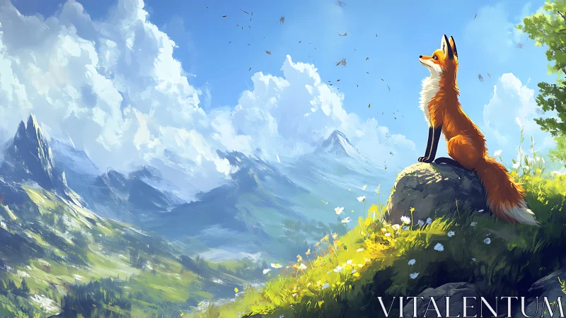 Fox sits on sunlit rock overlooking bright mountain valley