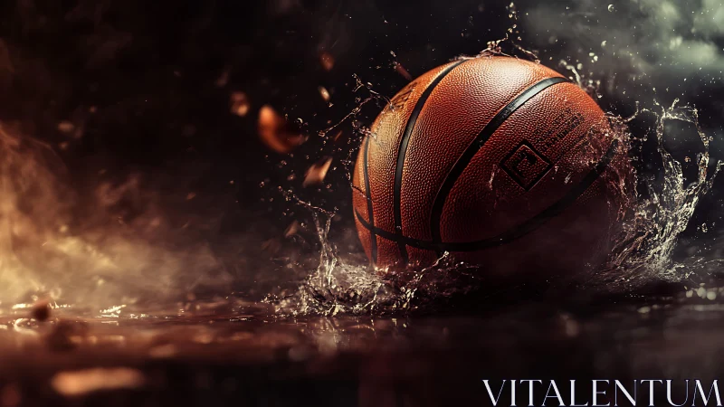 Basketball impacts shallow water surface under low key light