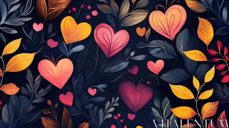 Heart shapes and autumn leaves on dark floral background.