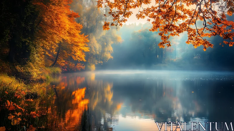Autumn forest lake reflects orange foliage in soft morning haze
