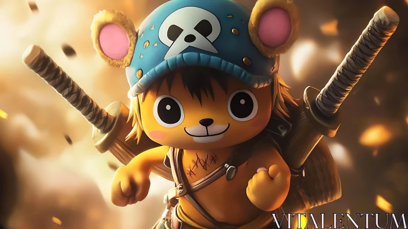 Chibi warrior character with swords in dynamic pose.