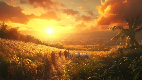 Shepherds drift through ember fields beneath a burning sky.