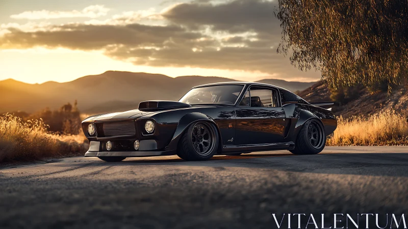 Widebody muscle car with aero kit parked on rural mountain road