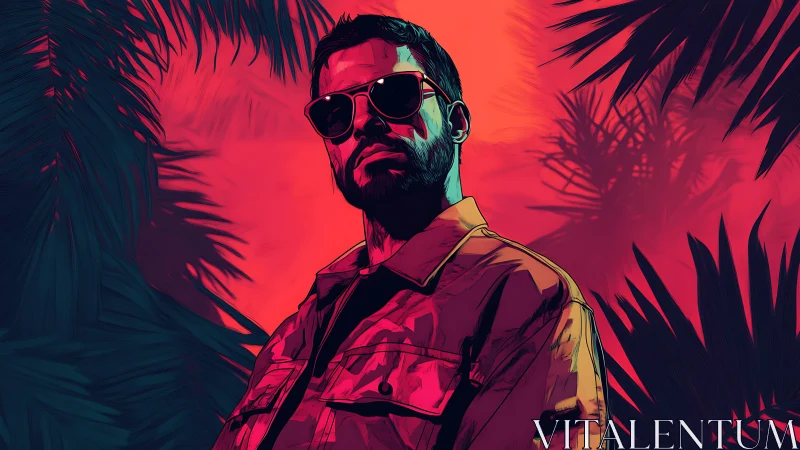 Neon jungle portrait of sunglasses man at tropical dusk.