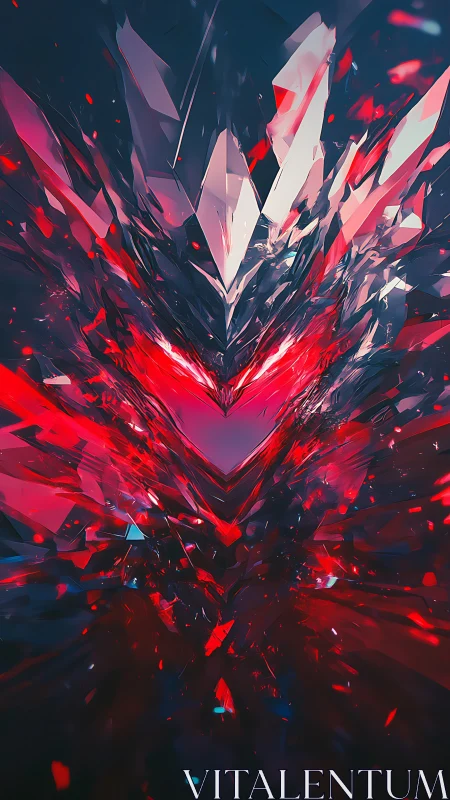 Shattered crimson heart erupting in faceted crystal shards.