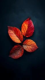 Four red autumn leaves arranged on a dark background.