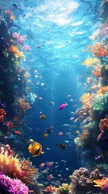 Vibrant coral reef canyon with colorful tropical fish life.