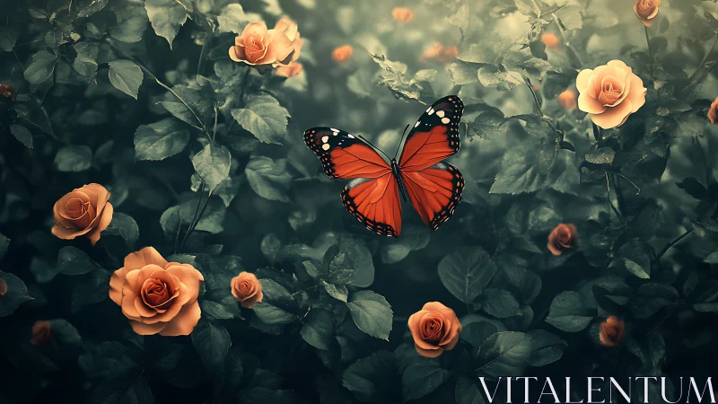 Gentle orange butterfly drifts above blooming roses at dusk