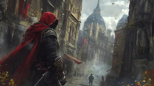 Hooded rogue strides through a misty cathedral city street