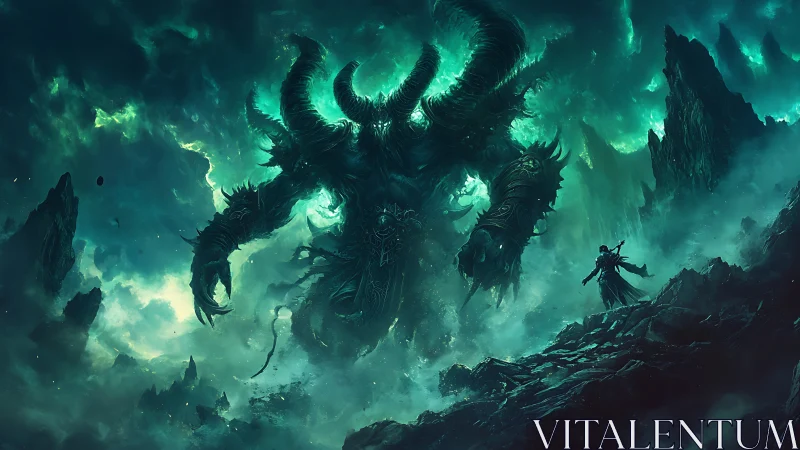 Colossal horned entity confronting lone figure in misty void.