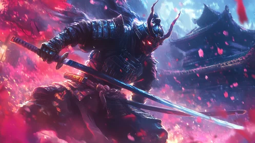 Armored demon samurai with katana in vivid battle scene.