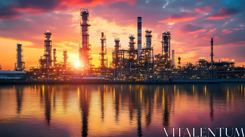 Industrial refinery skyline glows warmly against sunset waters