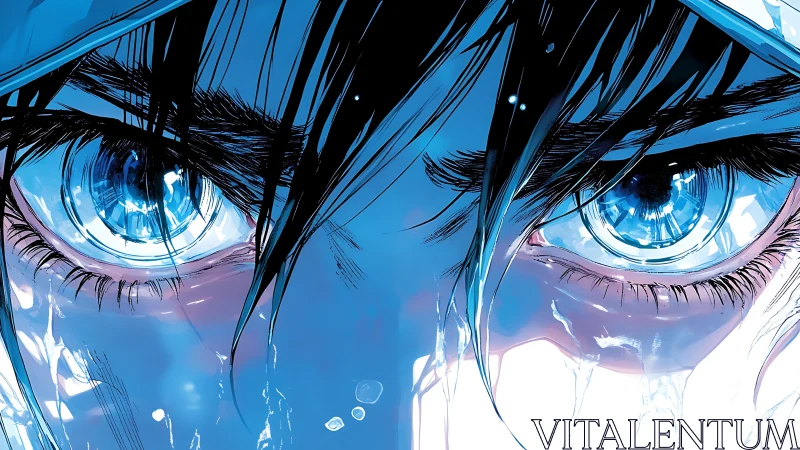 Intense blue anime eyes stare through shimmering liquid light.