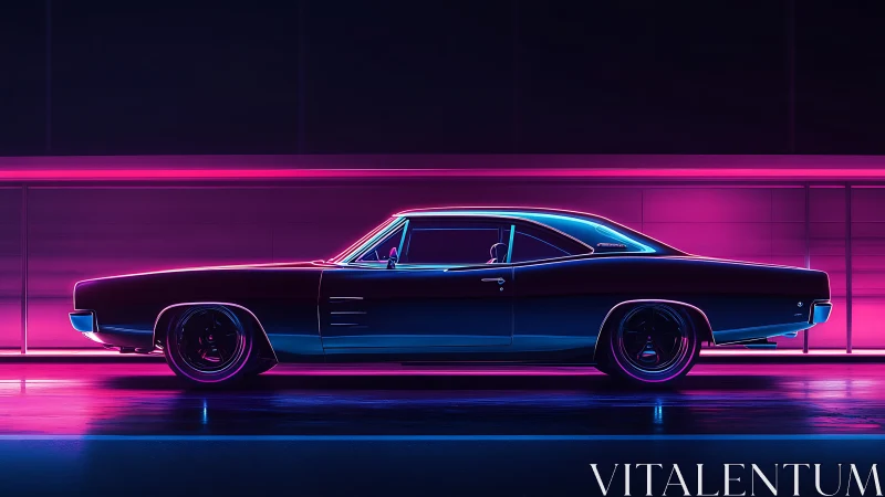 Neon-lit classic muscle car in futuristic side profile render.