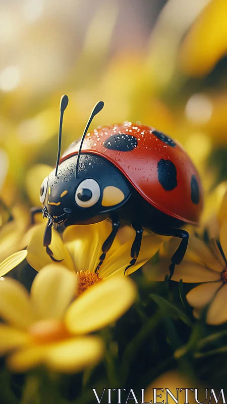 Ladybug macro study with dewdrops on yellow daisies.